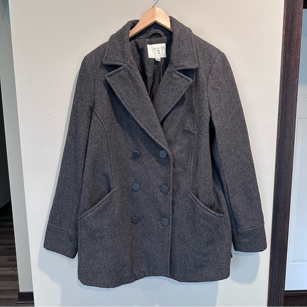 A New Day Charcoal Gray Wool Blend Pea Coat Collared Button Warm Office Business